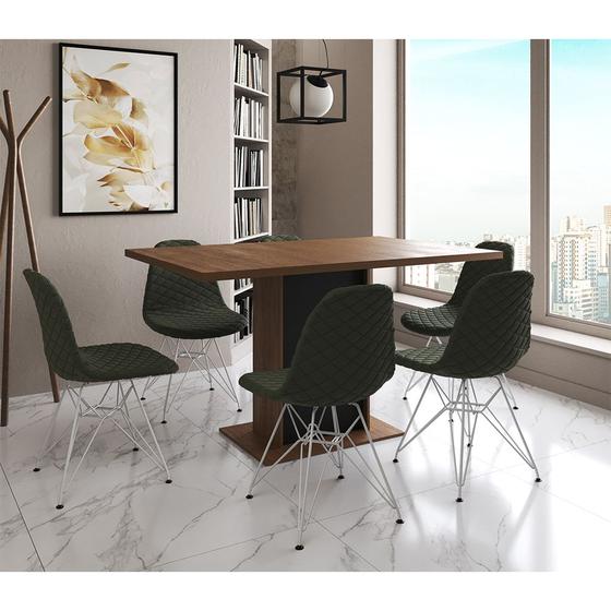 Imagem de Mesa Jantar Londres Retangular Amêndoa 137x90 Base Preta 6 Cadeiras Estofadas Verde Ferro Branco