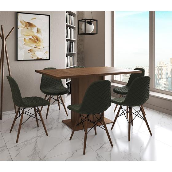 Imagem de Mesa Jantar Londres Retangular Amêndoa 137x90cm 6 Cadeiras Estofadas Verde Madeira