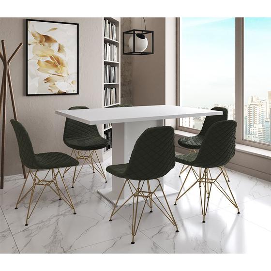 Imagem de Mesa Jantar Londres Retangular Branca 137x90 6 Cadeiras Estofadas Verde Base Dourado