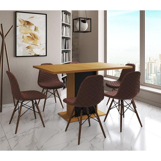 Imagem de Mesa Jantar Londres Retangular Canela 137x90 Base Preta 6 Cadeiras Estofadas Caramelo Madeira