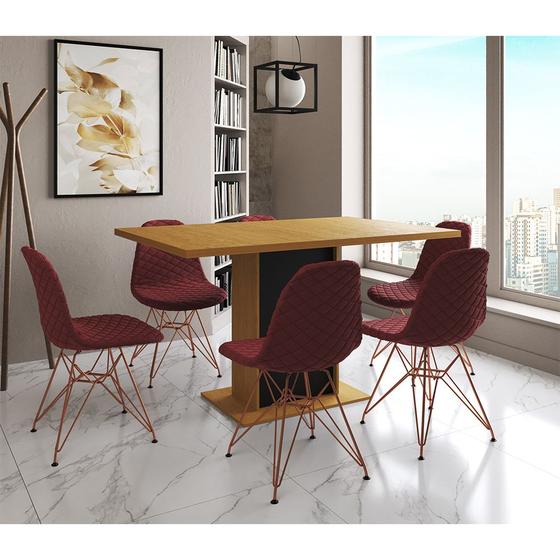 Imagem de Mesa Jantar Londres Retangular Canela 137x90 Base Preta 6 Cadeiras Estofadas Vermelho Base Cobre