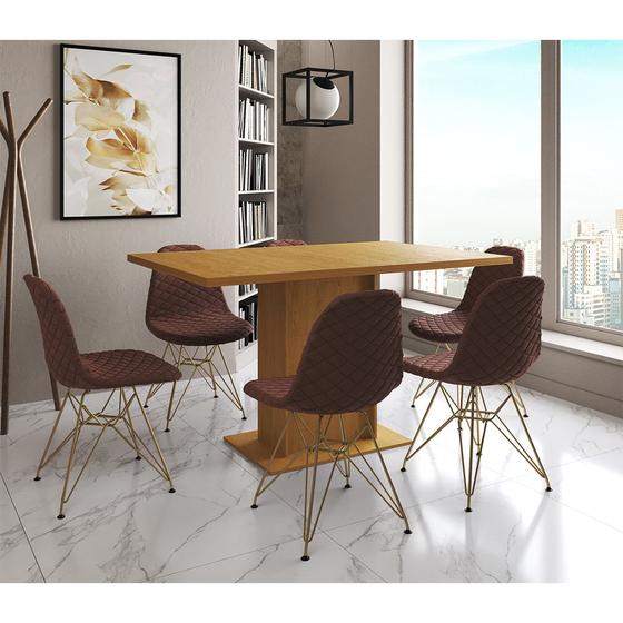 Imagem de Mesa Jantar Londres Retangular Canela 137x90cm 6 Cadeiras Estofadas Caramelo Base Dourado