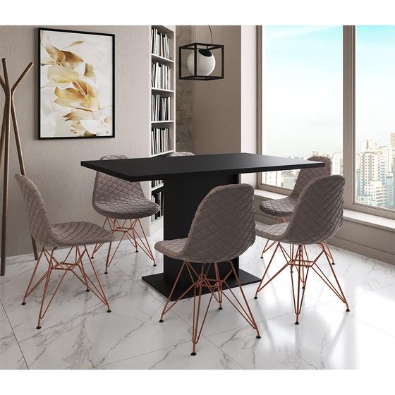 Imagem de Mesa Jantar Londres Retangular Preta 137x90cm 6 Cadeiras Estofadas Nude Médio Base Cobre