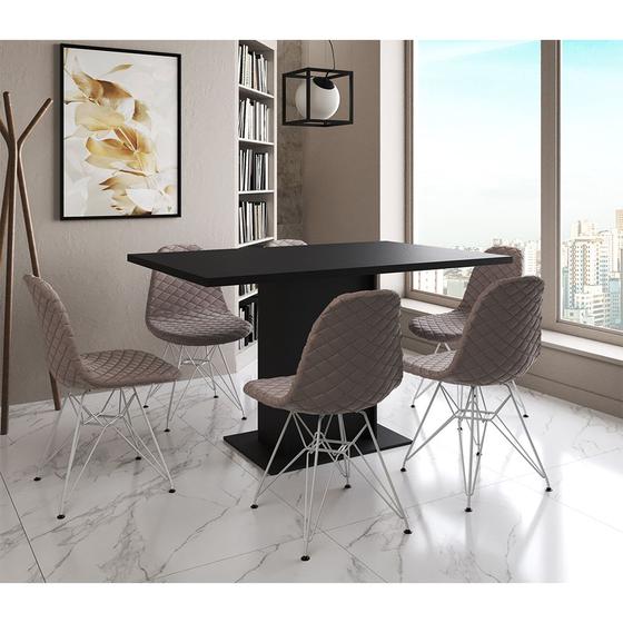 Imagem de Mesa Jantar Londres Retangular Preta 137x90cm 6 Cadeiras Estofadas Nude Médio Ferro Branco