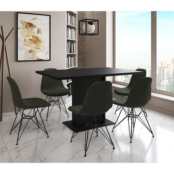 Imagem de Mesa Jantar Londres Retangular Preta 137x90cm 6 Cadeiras Estofadas Verde Ferro Preto