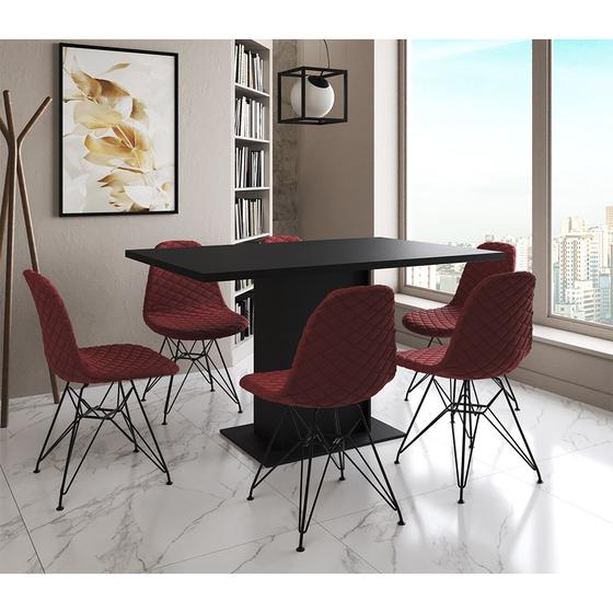 Imagem de Mesa Jantar Londres Retangular Preta137x90cm 6 Cadeiras Estofadas Vermelho Ferro Preto