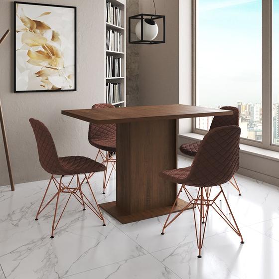 Imagem de Mesa Jantar Londres Tampo Amêndoa 120cm 4 Cadeiras Base Cobre Estofado Caramelo