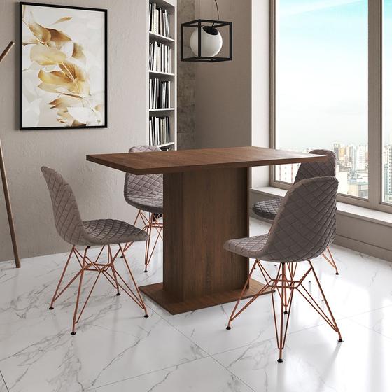 Imagem de Mesa Jantar Londres Tampo Amêndoa 120cm 4 Cadeiras Base Cobre Estofado Nude Médio