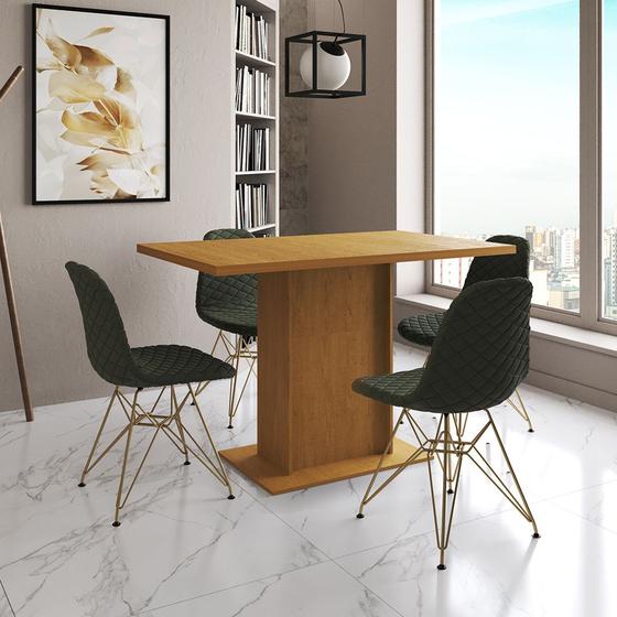 Imagem de Mesa Jantar Londres Tampo Canela 120cm 4 Cadeiras Base Dourado Estofado Verde