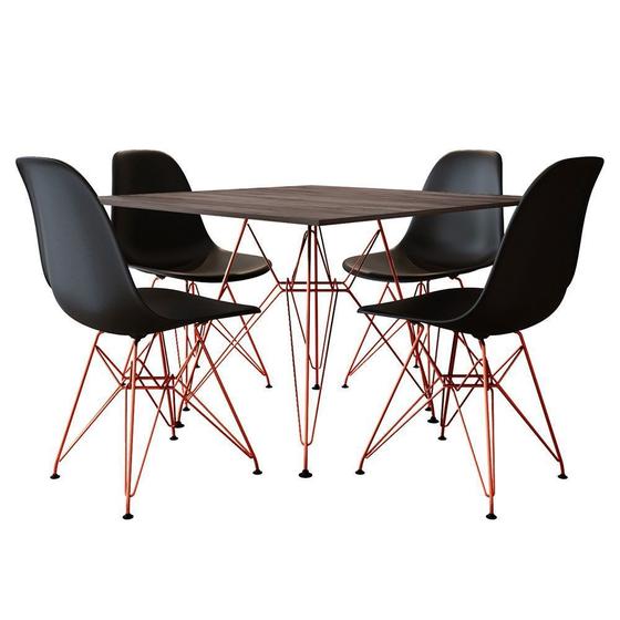 Imagem de Mesa Jantar Quadrada Com 4 Cadeiras Pretas Eames Eiffel Base De Ferro Cobre Tampo Amêndoa 90cm