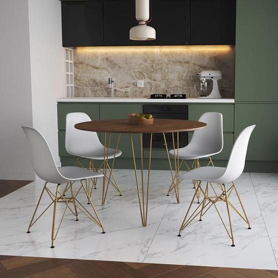 Imagem de Mesa Jantar Redonda 110cm Amêndoa Clips 3 Pés com 4 Cadeiras Eames Eiffel Brancas Base Dourada