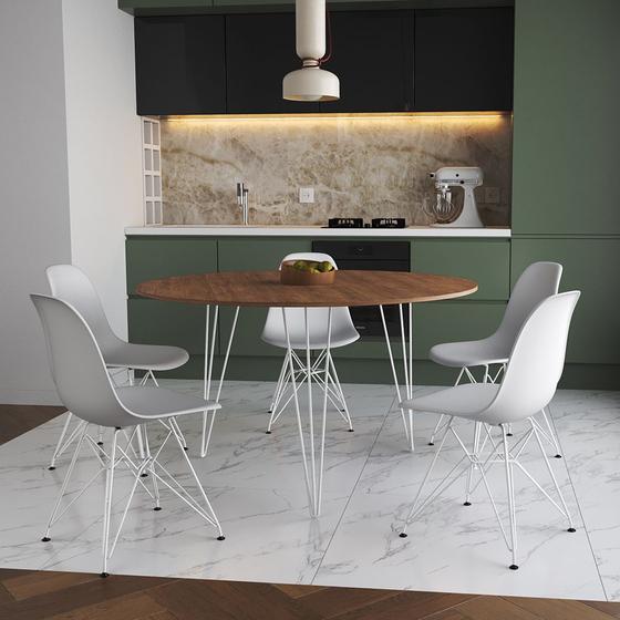 Imagem de Mesa Jantar Redonda 110cm Amêndoa Clips 3 Pés com 5 Cadeiras Eames Eiffel Brancas Ferro Branco