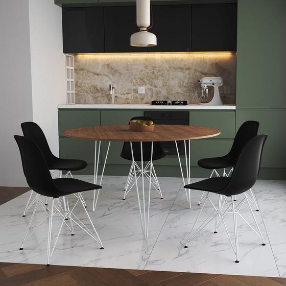Imagem de Mesa Jantar Redonda 110cm Amêndoa Clips 3 Pés com 5 Cadeiras Eames Eiffel Pretas Ferro Branco