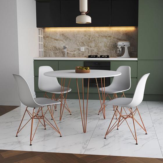 Imagem de Mesa Jantar Redonda 110cm Branca Clips 3 Pés com 4 Cadeiras Eames Eiffel Brancas Base Cobre
