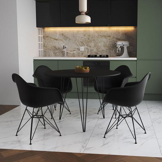 Imagem de Mesa Jantar Redonda 110cm Preta Clips 3 Pés com 4 Poltronas Pretas Eames Eiffel Ferro Preto