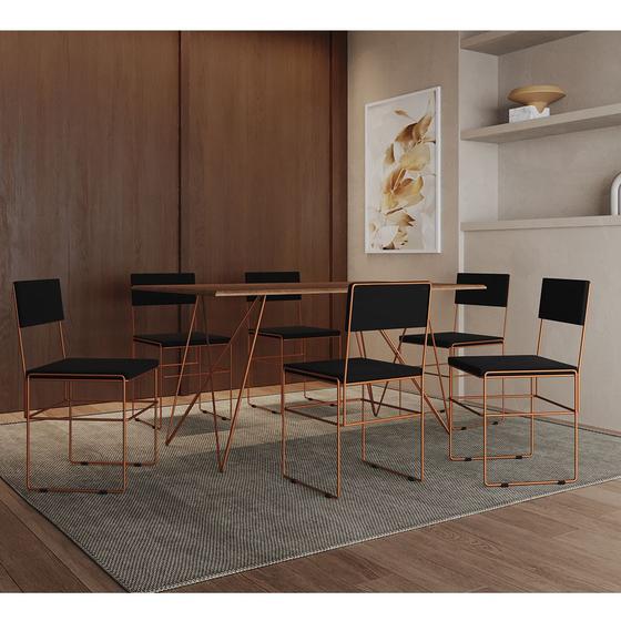Imagem de Mesa Jantar Retangular Industrial Trama 1,50x0,90m Amêndoa 6 Cadeiras Estofadas Preta e Cobre Vitóri