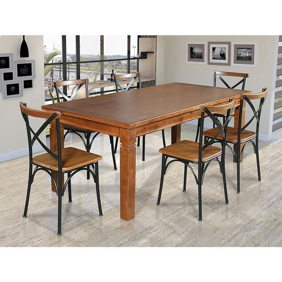 Imagem de Mesa Jantar Retangular Madeira Maciça Aurora 160x80 com 6 Cadeiras Paris Base Alumínio - Castanho