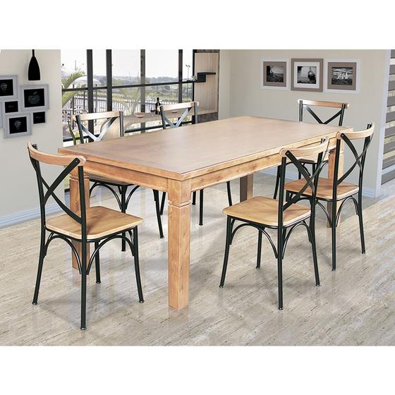 Imagem de Mesa Jantar Retangular Madeira Maciça Aurora 160x80 com 6 Cadeiras Paris Base Alumínio - Natural