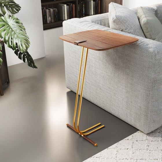 Imagem de Mesa L50 Lateral Aproximação Sofá Madeira Base Dourada