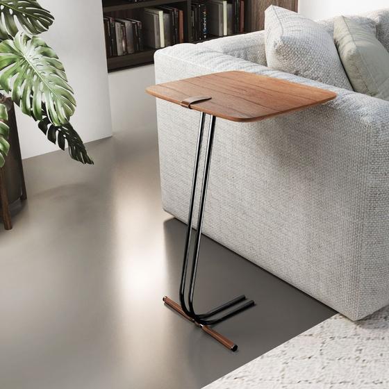 Imagem de Mesa L50 Lateral Aproximação Sofá Madeira Base Preta