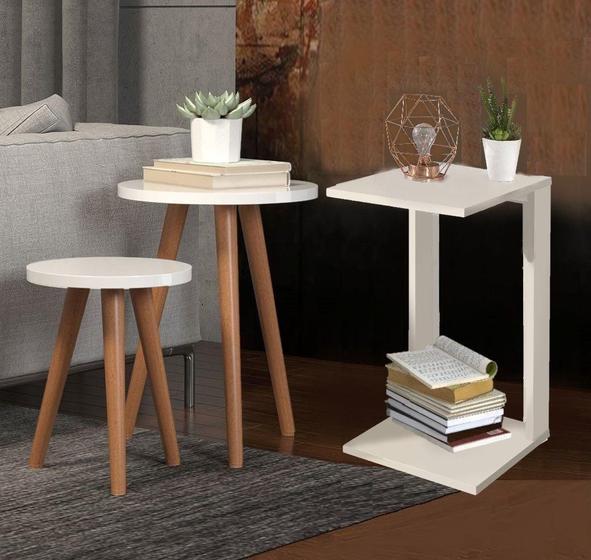 Imagem de Mesa Lateral Apoio Canto Madeira Encaixe Braço Sofá Notebook