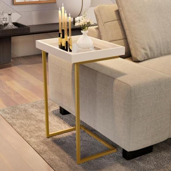 Imagem de Mesa Lateral Apoio de Sofá Decorativa Pé Ferro Sala de Estar Tampo Espelhado 4774 - Pérola/ Dourado