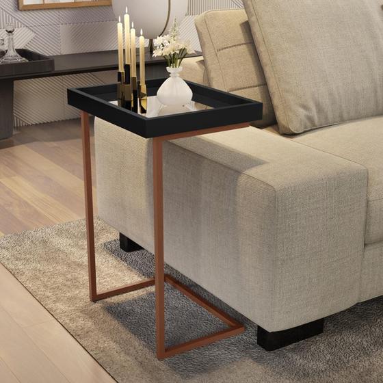 Imagem de Mesa Lateral Apoio Para Sofá Com Espelho JB 4774 - Preto com Bronze - Lojas RPM