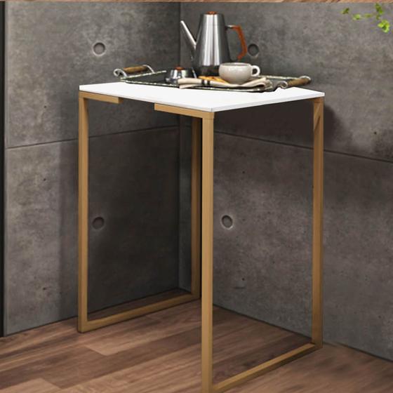 Imagem de Mesa Lateral Canto Aparador Buffet Stan Industrial Ferro Dourado Tampo Branco - Ahz Móveis