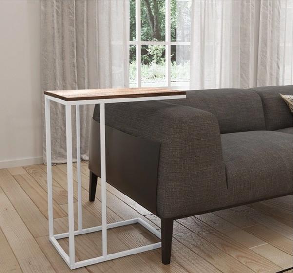 Imagem de Mesa Lateral de Apoio de Sofa Tampo  Madeira Amendoa Base Branco 5