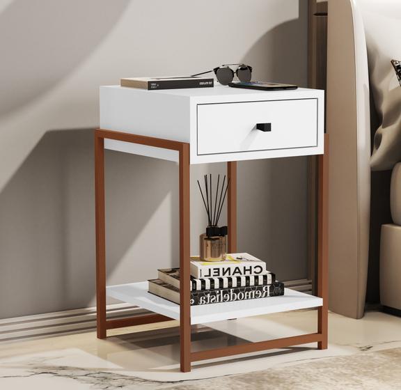 Mesa Lateral De Cabeceira Com Gaveta Estilo Industrial Branco Bronze Menor preço em Mesa Lateral De Cabeceira Com Gaveta Estilo Industrial Branco Bronze