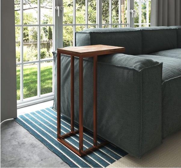 Imagem de Mesa Lateral Encaixe Apoio de Sofa Elena Cobre E Tampo Amendoa 4