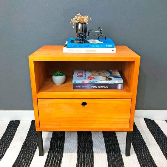 Imagem de Mesa Lateral Prateleira e Gaveta com pé Style de Ferro e Madeira Industrial Carvalho e Preto