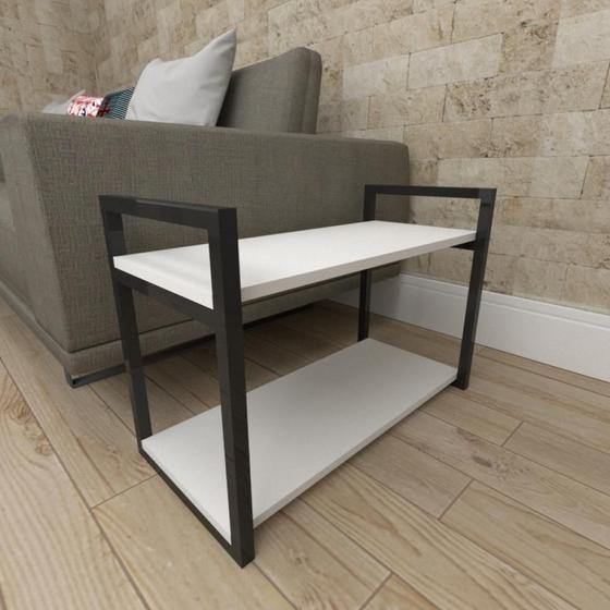 Imagem de Mesa lateral sofá industrial aço cor preto prateleiras 30 cm cor branca modelo ind01bml