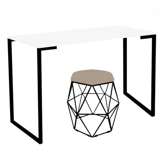 Imagem de Mesa Ley Industrial Escritório e Home Office com Puff Luna material sintético Bege Preto Tampo Branco - Ahz Móveis