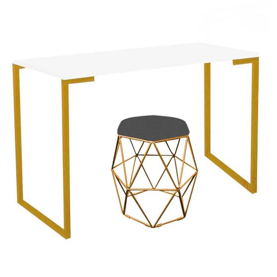 Imagem de Mesa Ley Industrial Escritório e Home Office com Puff Luna material sintético Cinza Dourado Tampo Branco - Ahz Móveis