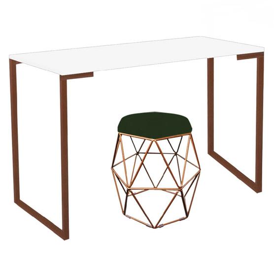 Imagem de Mesa Ley Industrial Escritório e Home Office com Puff Luna Suede Verde Musgo Bronze Tampo Branco - Ahz Móveis