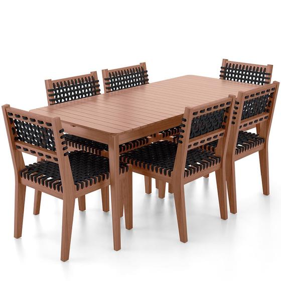 Imagem de Mesa Loren 160 cm com 6 Cadeiras Área Externa Cozinha Corda Náutica Preto Giardino G01 - Lyam Decor