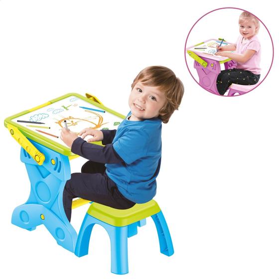 Mesa Lousa Mágica de Desenho Infantil 2 em 1 Educativa Com Banquinho Menor preço em Mesa Lousa Mágica de Desenho Infantil 2 em 1 Educativa Com Banquinho