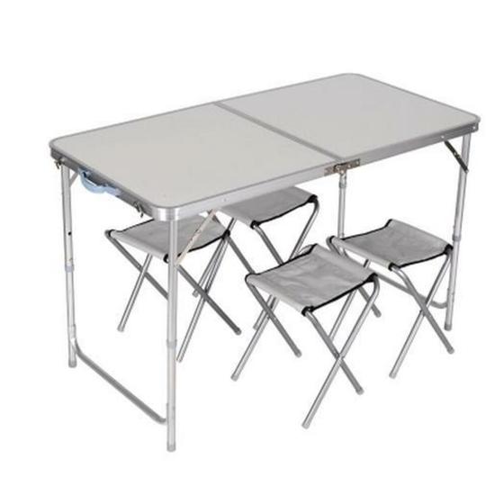 Imagem de Mesa maleta dobravel em aluminio com 4 cadeiras portatil grande 120x60cm altura ajustavel camping praia com banquinhos b