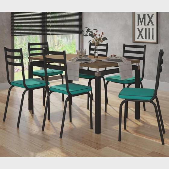 Imagem de Mesa Malva para Sala de Jantar de 1,36cm Preto Demolição com 6 Cadeiras 118 - Assento Azul Turquesa - OG Móveis