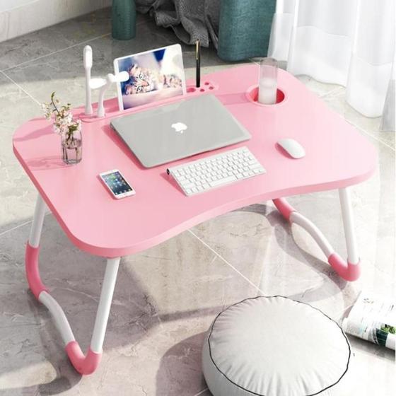 Imagem de Mesa mesinha para notebook ventilador luz de led usb pe dobravel para cama sofa home office rosa