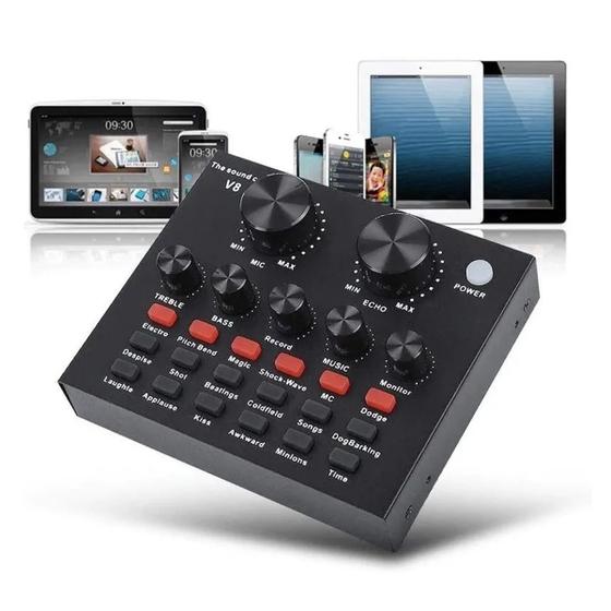 Mesa Mini V8 Recarregável Portátil Áudio Mixer Bluetooth P2 e P10 Online Mesa de Som / Mixer