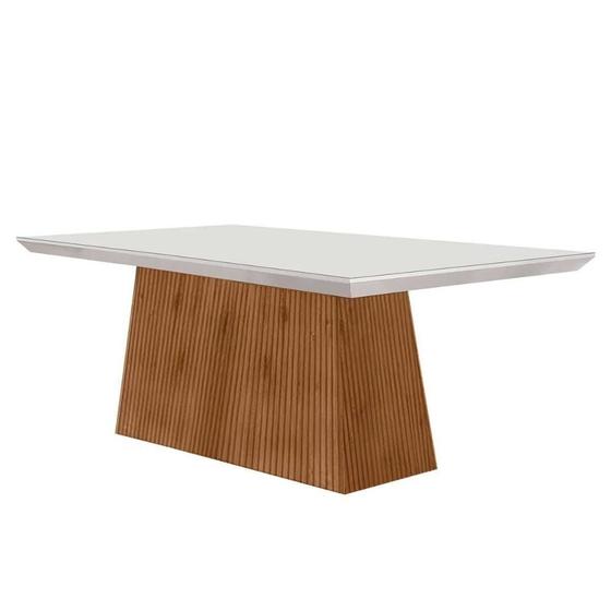 Imagem de Mesa p/ Cozinha Luna c/ Tampo 180x90cm Madeirado Vidro Canto Curvo - Imbuia/Ripado 3D/Off White - Rufato