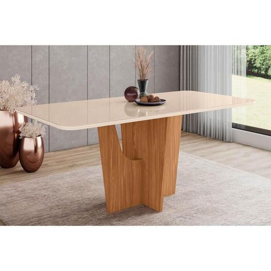 Imagem de Mesa p/ Cozinha Vértice SC88 c/ Tampo Madeirado c/ Vidro Curvo 180x90cm Nature/Off White - Henn