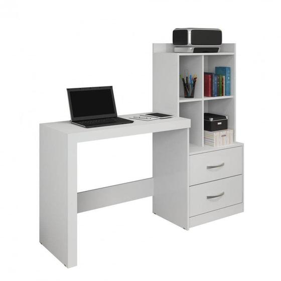 Mesa para Computador Alana com Estante 2 Gavetas Cor Branco Menor preço em Mesa para Computador Alana com Estante 2 Gavetas Cor Branco