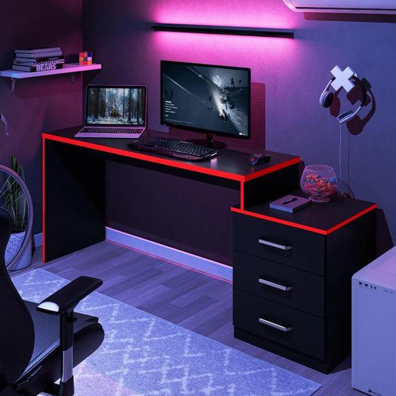 Imagem de Mesa para Computador com 3 Gavetas Vijay Preto Vrermelho