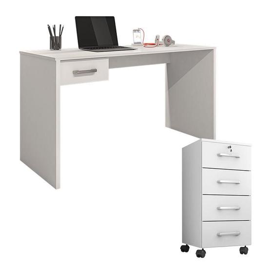 Imagem de Mesa para computador com Gaveta e Gaveteiro Gávea com Chave 4 Gavetas Branco Fosco - Móveis Leão