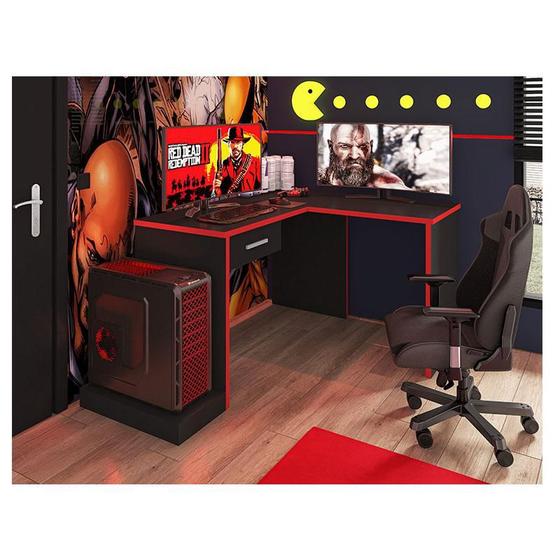 Mesa para Computador Gamer Ambiente DRX 9000 com Extensora Preto Trama Vermelho - Móveis Leão Menor preço em Mesa para Computador Gamer Ambiente DRX 9000 com Extensora Preto Trama Vermelho - Móveis Leão