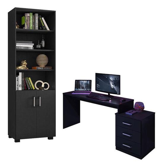 Imagem de Mesa para Computador Gamer DRX 5000 e Livreiro Office com Portas Pequenas Preto Trama - Móveis Leão