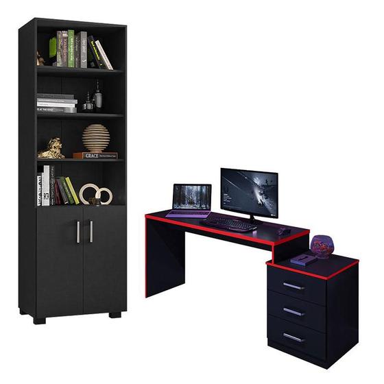 Imagem de Mesa para Computador Gamer DRX 5000 e Livreiro Office com Portas Pequenas Preto Trama Vermelho - Móveis Leão